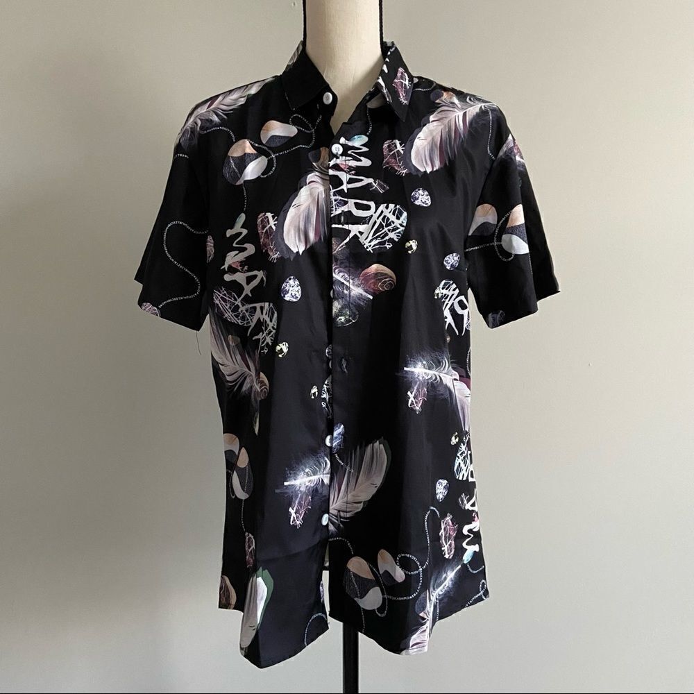 SheIn Black Abstract Pattern Button Up Top